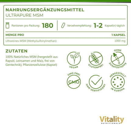 MSM augsta deva, īpaši tīras MSM kapsulas ar 1000 mg metilsulfonilmetāna, 180 kapsulas 6 mēnešiem, bez liekām piedevām Vitality Nutritionals no VitaminExpress