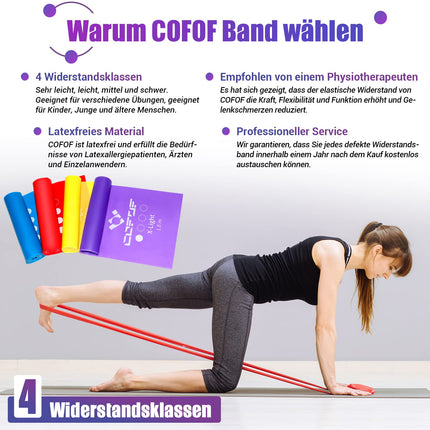 COFOF fitnesa lentu komplekts (4 gab.), 1,8 m vingrošanas lente ar 4 pretestības līmeņiem, fitnesa lente ar pārnēsāšanas somu un vingrošanas instrukciju, ideāli piemērota jogai, pilates, spēka treniņiem, fizioterapijai.