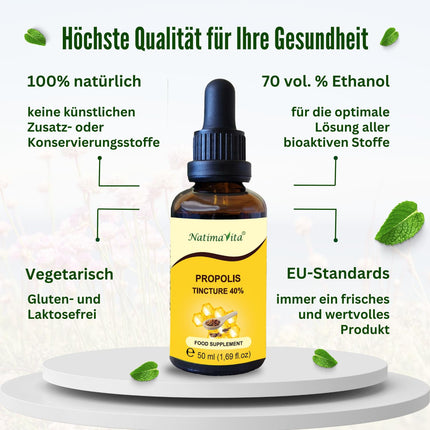 Propolisa tinktūra 40% - 50 ml - tīri augstas devas pilieni - 100% dabīgs ekstrakts - imūnsistēmas atbalstam - praktiska pipete - NatimaVita
