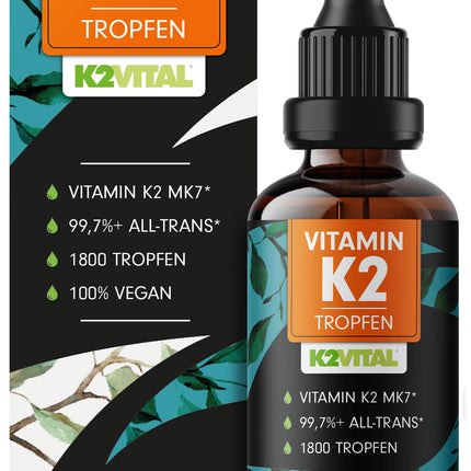 K2 vitamīna pilieni, augsta deva 1800x (50ml) - 200 µg K2 vitamīns MK7, K2VITAL® Premium vitamīns. K2 High Dose no Kappa ar 99,7+% transtaukskābju saturu - laboratorijā pārbaudīts ar sertifikātu, 100% vegāns