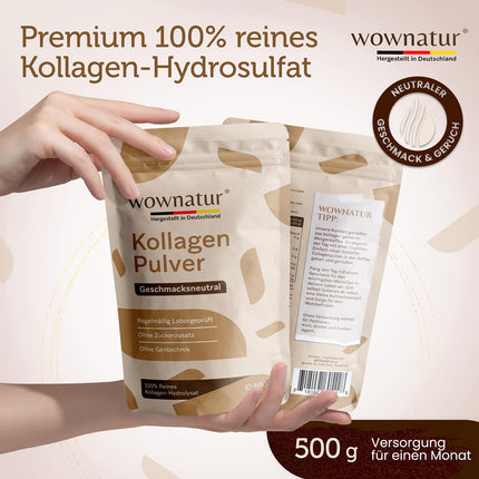 WOWNATUR® kolagēna pulveris 500 g - ideāla šķīdība - augstākās kvalitātes halāla kolagēna hidrolizāts - 1., 2. un 3. tipa peptīdi - oriģināls - (50 porcijas)
