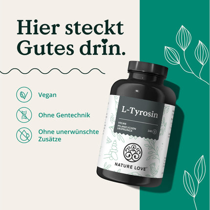 Nature Love L-tirozīns 240 vegāniskās kapsulas - 1000 mg dienā - 4 mēnešu krājumi - no fermentācijas, laboratorijā pārbaudīts un ražots Vācijā - bez nevēlamām piedevām