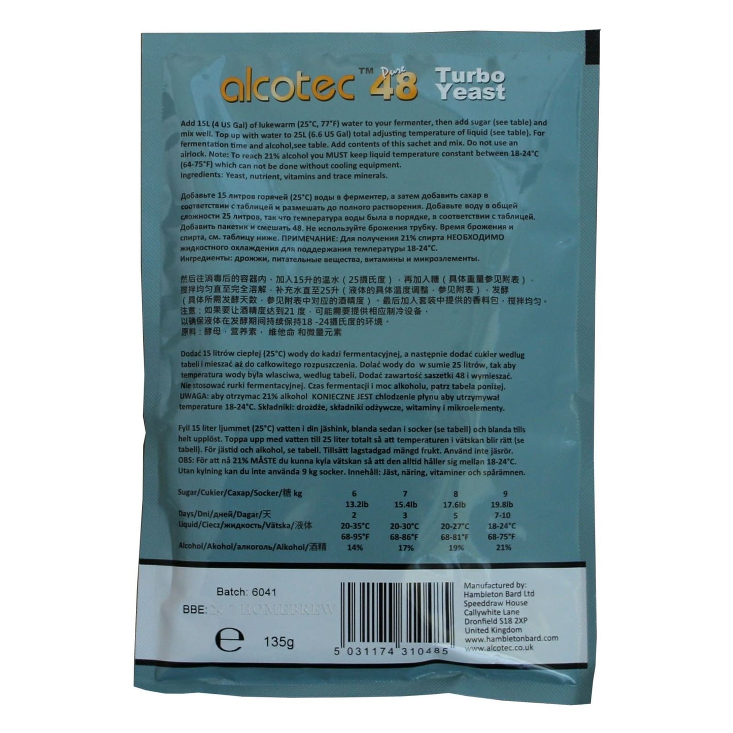 5x Alcotec 48 Pure Turbo Super Yeast paciņas ar augstu alkohola saturu 20% mājās brūvēts degvīns