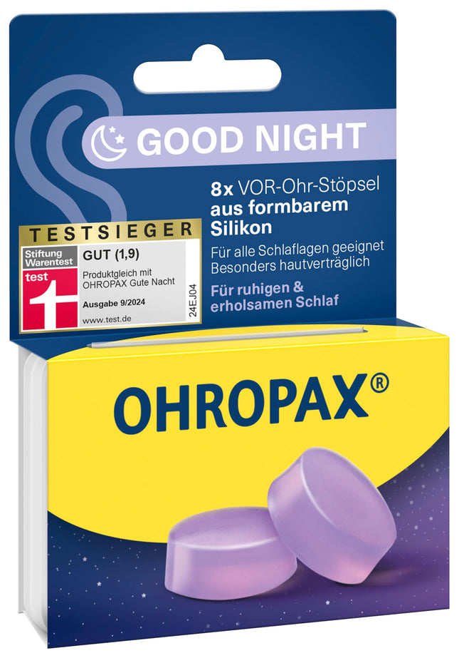 OHROPAX Good Night ausu aizbāžņi – no formējama silikona izgatavoti priekšausu aizbāžņi – piemēroti visām ausīm un visām gulēšanas pozām – skaņas izolācijas vērtība SNR 23 dB – mierīgam un atslābinošam miegam – 8 gabali