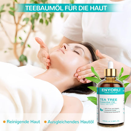 ENYORLI tējas koka eļļa 100 ml dabīga tējas koka eļļa 100% tīra un ēteriska aromterapijas eļļa vegāna tējas koka ēteriskā eļļa difuzoram, šampūnam, sejai, ādai, nagiem