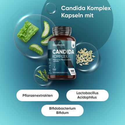 Candida Complex - 180 vegāniskas kapsulas - Bifidobaktērijas - Ar kaprilskābi, alveju, cinku, vīnogu kauliņu ekstraktu - Lactobacillus acidophilus - Laboratorijā pārbaudītas sastāvdaļas - 3 mēnešu krājums - WeightWorld