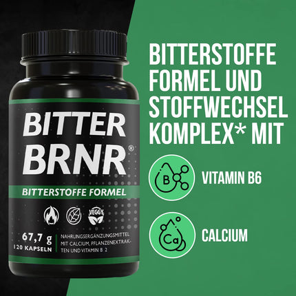 BRNR BITTER BRNR rūgtās formulas un vielmaiņas komplekss ar B2 vitamīnu, gremošanas enzīmiem ar kalciju, alternatīva rūgtajiem pilieniem, 120 kapsulas