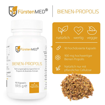 FürstenMED® 900 mg bišu propolisa kapsulas ar augstu devu - dabīgi flavonoīdi no bišu sveķiem ar C vitamīnu (no acerolas) - 90 veģetārās kapsulas - laboratoriski pārbaudītas