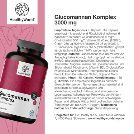 HealthyWorld® glikomanāna komplekss 3000 mg – no konjaka saknes – 180 kapsulas – svara zaudēšanas atbalstam – ar pievienotu holīnu, hromu, D3 un B3 vitamīniem – bez ĢMO – 1 mēneša krājums