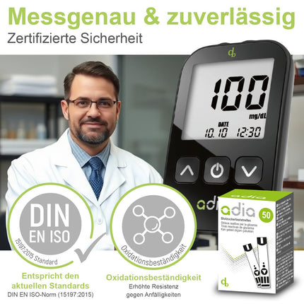 Adia asins glikozes testa strēmeles, 50 strēmeles, pieejams un vienkāršs veids, kā izmērīt glikozes līmeni asinīs diabēta gadījumā