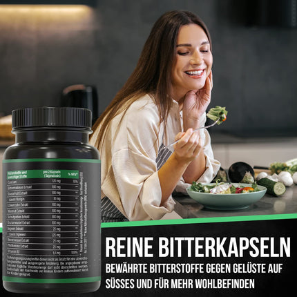 BRNR BITTER BRNR rūgtās formulas un vielmaiņas komplekss ar B2 vitamīnu, gremošanas enzīmiem ar kalciju, alternatīva rūgtajiem pilieniem, 120 kapsulas