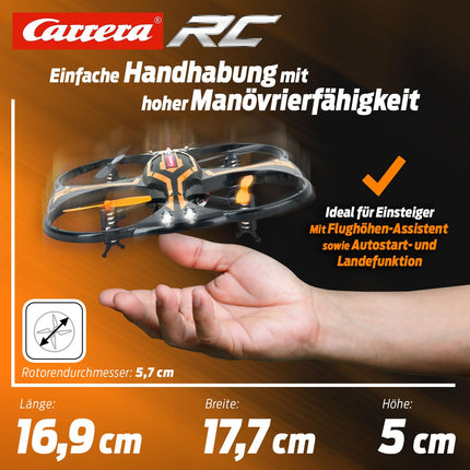 Carrera RC Quadcopter X2 drons | Ar mirgojošām LED gabarītgaismām | 3D cilpas funkcija | Automātiskās palaišanas un nolaišanās funkcija | 17,6 cm garums | No 12 gadiem | Iesācēja un progresīvais režīms