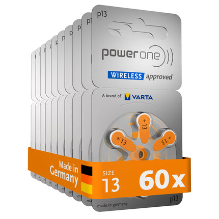 Power One dzirdes aparāta baterijas, 13. tips, oranžas, 60 baterijas, uzglabāšanas komplekts, apstiprinātas bezvadu lietošanai, P13 izmērs dzirdes aparātiem un dzirdes palīglīdzekļiem, augsts dzirdes līmenis, bez dzīvsudraba, ražotas Vācijā
