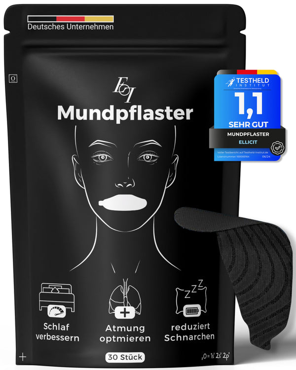 Ellicit® mutes plāksteris gulēšanai, 30 plāksteri augstas kvalitātes mutes plāksteriem gulēšanai, pret krākšanu, krākšanas plāksteri, optimāla fiksācija pat ar bārdu, 95% kokvilna [ērts universāls izmērs]