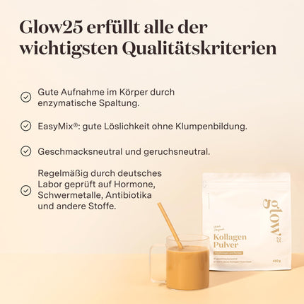 Glow25® kolagēna pulveris [450 g] - mūsu oriģinālais - kolagēna hidrolizāts - 1. un 3. tipa peptīdi - laba šķīdība - neitrāls