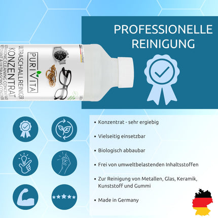 PURIVITA® ultraskaņas tīrīšanas koncentrāts [500 ml] - tīrīšanas līdzeklis ultraskaņas ierīcēm - tīrīšanas šķidrums ultraskaņas tīrītājiem - ultraskaņas tīrīšana brillēm, rotaslietām, zobiem un monētām