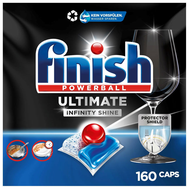 Finish Ultimate Infinity Shine trauku mazgājamās mašīnas tabletes – trauku mazgājamās mašīnas tabletes maksimālai tīrīšanai, tauku noņemšanas jaudai un spīdumam ar aizsargvairogu – Gigapack ar 2 x 80 tabletēm