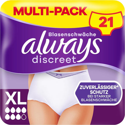 Always Discreet Incontinence XL 21 Panties Plus biksītes sievietēm (3 x 7 daļas), novērš noplūdes un nepatīkamas smakas, ērtas un tik tikko pamanāmas