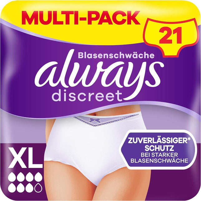 Always Discreet Incontinence XL 21 Panties Plus biksītes sievietēm (3 x 7 daļas), novērš noplūdes un nepatīkamas smakas, ērtas un tik tikko pamanāmas