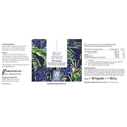 NATURTREU® OPC vīnogu kauliņu ekstrakts ar augstu devu 900 mg ekstrakts ar Q10, kāliju un melno ķiploku - franču vīnogas vegānas - 90 vīnogu kauliņu ekstrakta OPC kapsulas ar augstu devu.