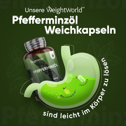 Piparmētru eļļas mīkstās kapsulas - 200 mg piparmētru eļļas vienā mīkstajā kapsulā - 365 tīras piparmētru eļļas mīkstās kapsulas - 1 gada krājumi - uztura bagātinātājs - piparmētra labsajūtai - WeightWorld