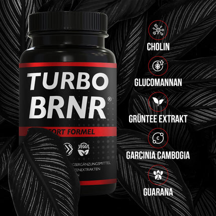 BRNR TURBO BRNR tūlītējas vielmaiņas formula ar holīnu, zaļās tējas ekstraktu, glikomanānu, garciniju, guarānu, 120 kapsulas