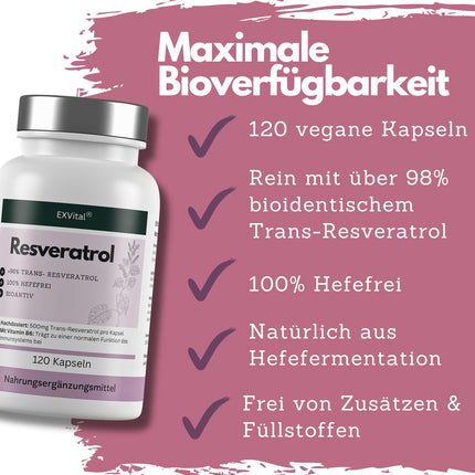 EXVital® resveratrola kapsulas, 98% trans-resveratrols, 500 mg vienā kapsulā, 120 vegānas kapsulas, vegānas un bez piedevām, laboratoriski pārbaudītas