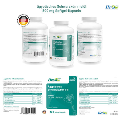 HerbBio Ēģiptes melno ķimeņu eļļas kapsulas 500 mg 420 mīkstās želatīna kapsulas - tostarp 57% linolskābes - augstākās kvalitātes auksti spiestas - 100% liellopu želatīns Halal sertificēts - laboratorijā pārbaudīts - melno ķimeņu eļļas kapsulas