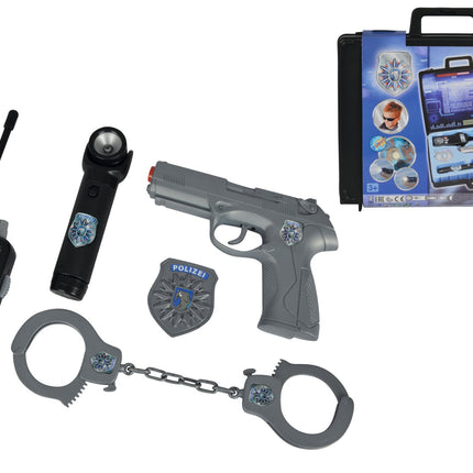 Simba 108108525 - Policijas aprīkojums koferī, pārnēsāšanas koferis ar pistoli, roku dzelžiem, rāciju, nozīmīti, lukturīti, 28x25x5cm, no 3 gadu vecuma, pelēks