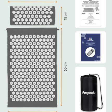 LifeGoods Akupressurmatte Mit Kissen - Akkupressmatte - Akkupressurmatte+ - Akupressur Matte - Akupunktur Matte - Massagematte - Rücken - Stachelmatte - Fakirmatte - Nagelmatte - Acupressure Mat