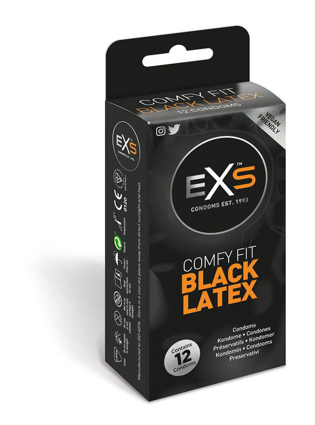 EXS Black Latex 12 melni lateksa prezervatīvi - anatomiska forma lielākam komfortam - melns latekss