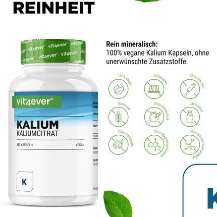 Kālijs - 365 kapsulas ar 800 mg elementārā kālija (no kālija citrāta) vienā dienas devā - vegāns, augsta deva, bez piedevām