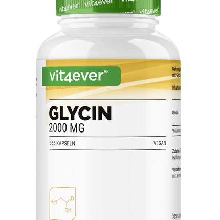 Glicīns - 365 kapsulas - Augstas koncentrācijas ar 2000 mg L-glicīna vienā dienas devā - Īpaši augsta tīrības pakāpe - Bez piedevām - Vegāns