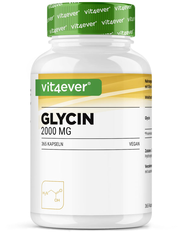 Glicīns - 365 kapsulas - Augstas koncentrācijas ar 2000 mg L-glicīna vienā dienas devā - Īpaši augsta tīrības pakāpe - Bez piedevām - Vegāns