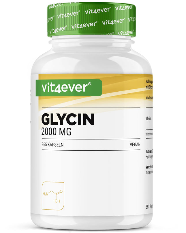 Glicīns - 365 kapsulas - Augstas koncentrācijas ar 2000 mg L-glicīna vienā dienas devā - Īpaši augsta tīrības pakāpe - Bez piedevām - Vegāns