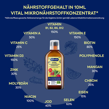 Zirkulin Vital mikroelementu koncentrāts (3x200ml) – 60 dienu krājumi – 66 svarīgas vielas no augļiem, dārzeņiem un garšaugiem – Vērtīgi polifenoli – Vitamīni un minerālvielas ģimenei