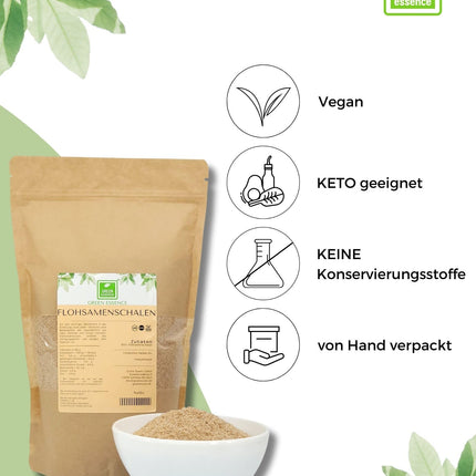 Psilija sēklu sēnalas 1 kg (2 x 500 g) - dabīgas šķiedrvielas no Green Essence - maltas psilija sēnalas - vegānisks - ar zemu ogļhidrātu saturu - ar augstu šķiedrvielu saturu - bez piedevām - keto diētā aizstāj miltus