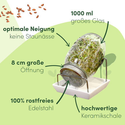 Green SEEDS® [Oriģinālais dīgšanas burku komplekts (2 gab.) + kressalātu siets + 3 x sēklu komplekts ar augstas kvalitātes nerūsējošā tērauda vāku, statīvu, keramikas bļodu + dīgšanas ABC [Drukātas versijas] Dīgšanas burku kultivēšanas komplekts