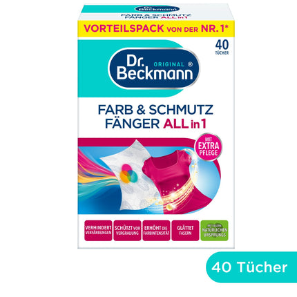 Dr. Beckmann krāsas un netīrumu uztvērējs, bez smaržas, 3 vienā | Krāsu uztvērēja drāniņas maksimālai aizsardzībai pret krāsas izmaiņām | ar PAPILDU KRĀSU UN ŠĶIEDRU KOPŠANU | 40 salvetes