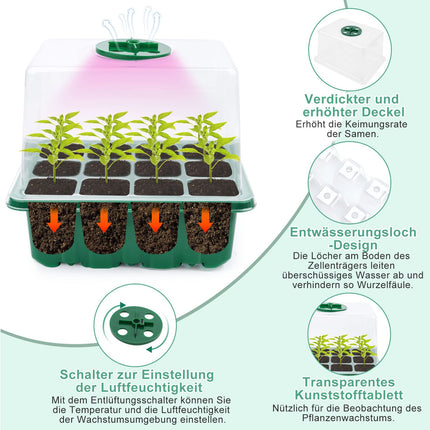 Mini siltumnīcas audzēšana, 5 daļu iekštelpu siltumnīcas audzēšanas kaste ar gaismu, siltumnīcas audzēšanas paplāte ar augstu vāku, stādu sākuma paplātes, audzēšanas komplekts, 10 etiķetes, 2 instrumenti stādu stādīšanai