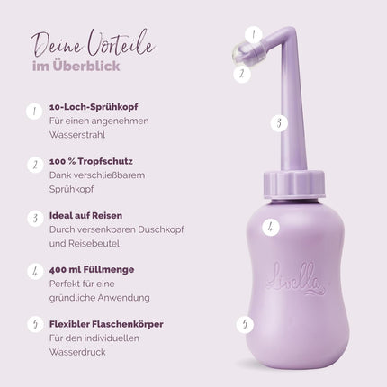 Livella | Intīmā duša violetā krāsā (400 ml) – Izstrādāts Vācijā – Maigai un higiēniskai intīmās zonas tīrīšanai – Uzlabota labsajūta pēcdzemdību periodā – Ideāli piemērots kā ceļojumu bidē un dušas kapsula
