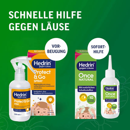 HEDRIN Once Natural + HEDRIN Protect &amp; Go Spray – Ātra atvieglojuma nodrošināšana pret utīm – Izdevīgs iepakojums: efektīva profilakse un akūts atvieglojums ar dabīgām sastāvdaļām