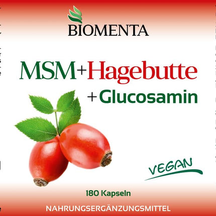 BIOMENTA MSM + Mežrozītes + Glikozamīns – 180 alergēnu nesaturošas kapsulas ar lielu devu – 1200 mg organiskā sēra pulvera + 794 mg glikozamīna sulfāta + 300 mg mežrozīšu ekstrakta dienā – vegāns – augstākās kvalitātes