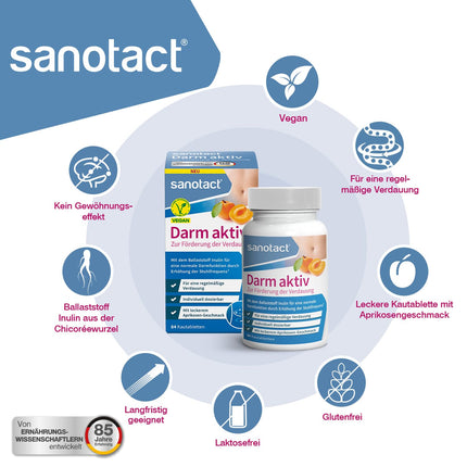 sanotact Darm AKTIV (6 x 84 košļājamās tabletes) • Normālai zarnu darbībai • Dabīgas šķiedrvielas un inulīns no cigoriņu saknes • Regulāra gremošana un zarnu attīrīšana • 100% vegāns