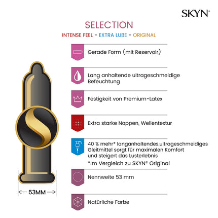 SKYN Selection Variety prezervatīvu komplekts (50 gab.) un Elite prezervatīvi (10 gab.) | Dažādu veidu iepakojums ar 10 oriģinālajiem, 20 Intense Feel un 20 Extra Lube prezervatīviem, plāniem prezervatīviem, lietojamiem ar mūsu lubrikantiem