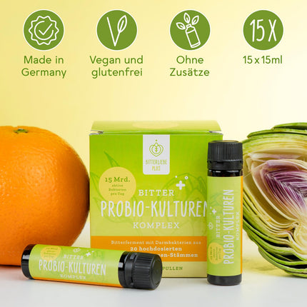 BitterLiebe® Bitter Probio-Cultures Complex - šķidras zarnu baktērijas - zarnās šķīstošs produkts ar 20 baktēriju celmiem un 15 miljardiem baktēriju - 15 x 15 ml dzeršanas ampulas
