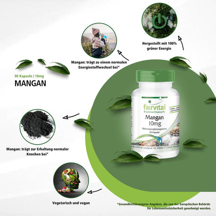 Fairvital | Mangāna kapsulas 10 mg - 90 kapsulas - AUGSTA DEVA - no mangāna glikonāta - vegāns - svarīgs mikroelements - mangāns