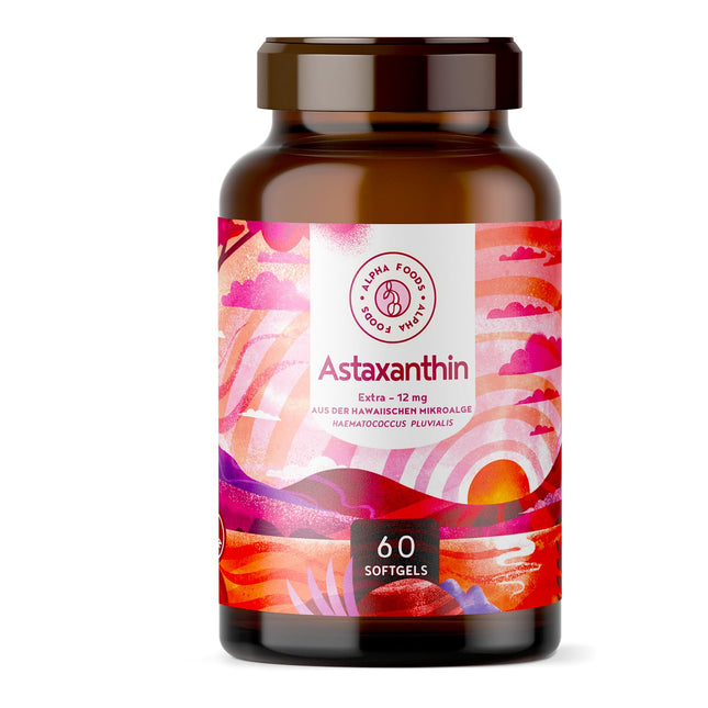 Astaksantīns 12 mg augsta deva - 60 Depot mīkstās kapsulas - Haematococcus Pluvialis - vegāns astaksantīns ar augstu biopieejamību - Alpha Foods