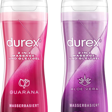 Durex 2-in-1 masāžas gels – uz ūdens bāzes veidots lubrikants jutekliskām mīlestības masāžām – 2 x 200 ml dozatorā (alveja un guarana)