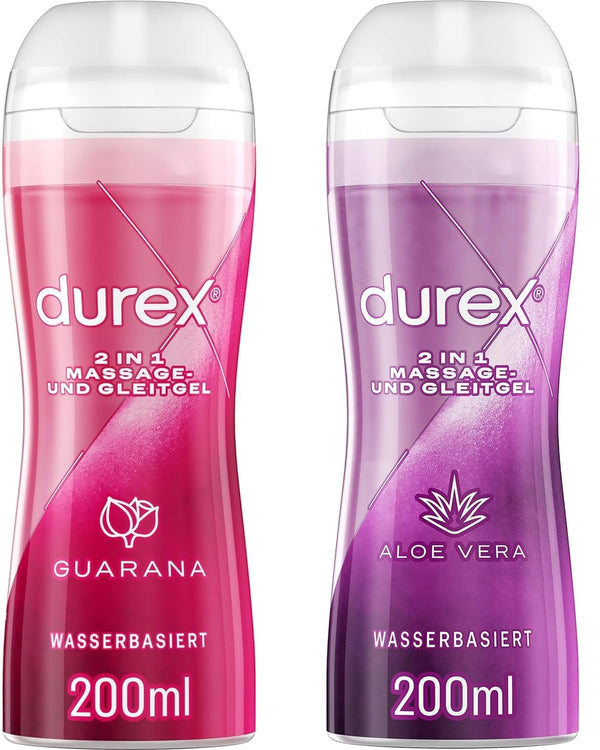Durex 2-in-1 masāžas gels – uz ūdens bāzes veidots lubrikants jutekliskām mīlestības masāžām – 2 x 200 ml dozatorā (alveja un guarana)
